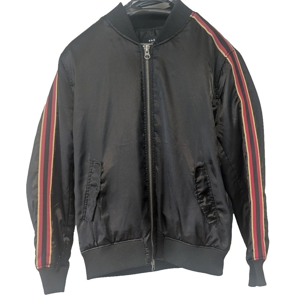 PacSun PAC Bomber Jacket Black Large Striped Sleeve Streetwear Zip